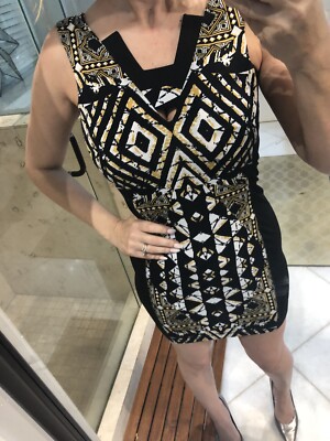 BCBG MAXAZRIA Cutout Jerse GILA GOLDEN CANARY COMBO JERSEY DRESS XXS  $198-