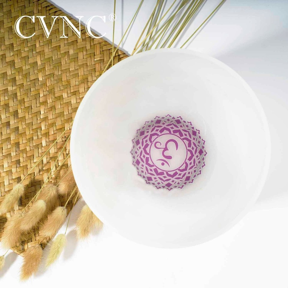 CVNC 432Hz 6" B Crown Chakra Symbol Frosted Quartz Crystal Singing Bowl ...