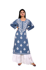 Women Grey Cotton Chikankari Embroidered Wedding Function Fancy Designer Kurti