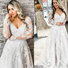 Plus Size Wedding Dresses V Neck White Lace Appliques Long Sleeves Bridal Gowns