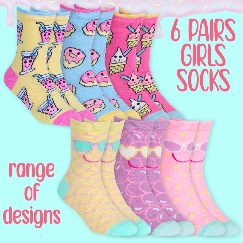 Kids Girls Socks Novelty Cartoon 6 Pairs Crew Socks Bundle Multipack Multibuy