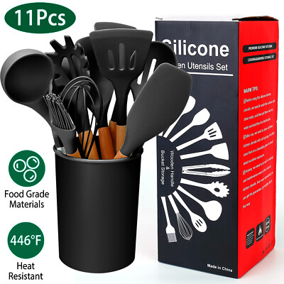 11PCS Cooking Utensil Set Silicone Kitchen Gadget Tools Heat Resistant w/ Holder