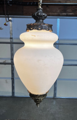 VINTAGE MCM FROSTED WHITE GLASS  HANGING PENDANT SWAG LIGHT FIXTURE 24''H X  12''W