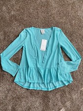 NWT Ella Moss Girls Cardigan Turquoise Blue Stripe Open Ruffle Size 10