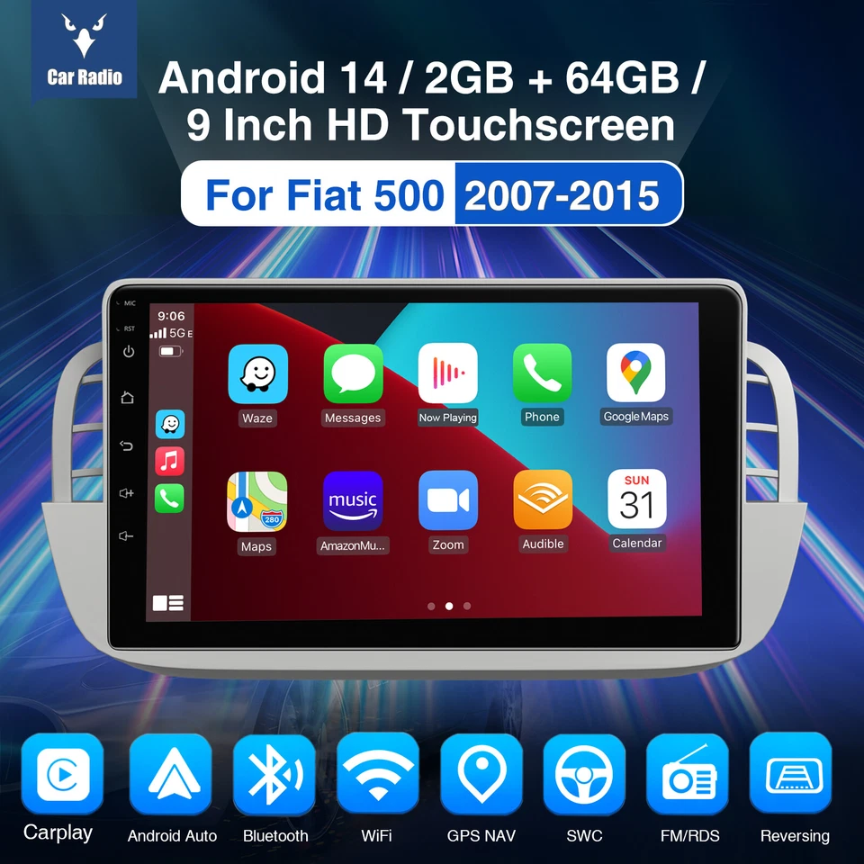 Carplay Per FIAT 500 2007-15 9" Android 14 2+64G Autoradio GPS Navi WIFI RDS USB - Immagine 2 di 4