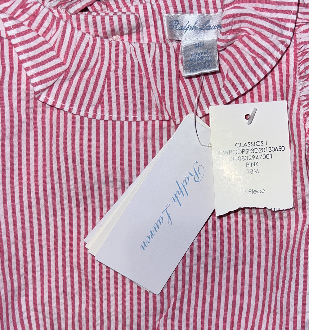 Ralph Lauren Baby Girl Seersucker Pink Stripe Dress Set 18 Months BNWT RRP £95 image 4