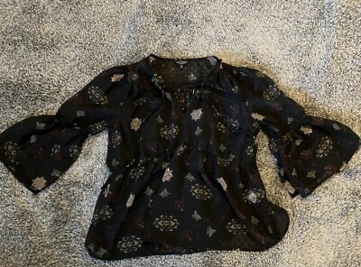 Lucky Brand Blouse Lace Embroidered Geometric Gothic Emo Boho Black Small