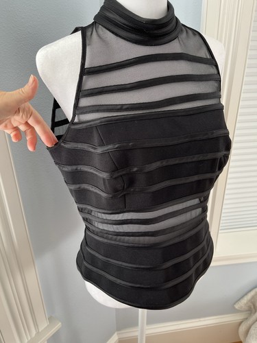JS Collections Womens Sleeveless High Neck Top US 12 Black Stripe Sheer Mesh - Picture 2 of 8