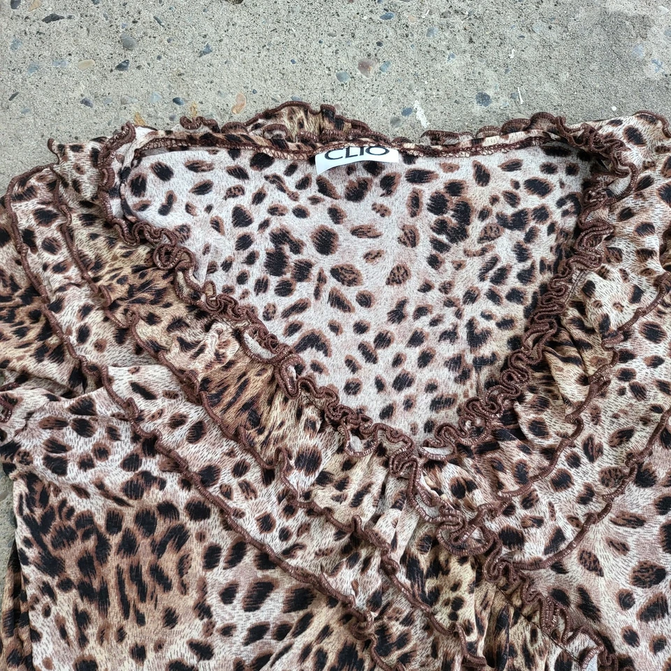 Леопардовый принт блузка рубашка женский размер маленький желтовато-коричневый черный CLIO верхний гепард животное - Изображение 2 из 4