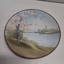 Antique Moirage Nippon Japan Plate Hand Painted Cherry Blossom Tree Lake Vintage