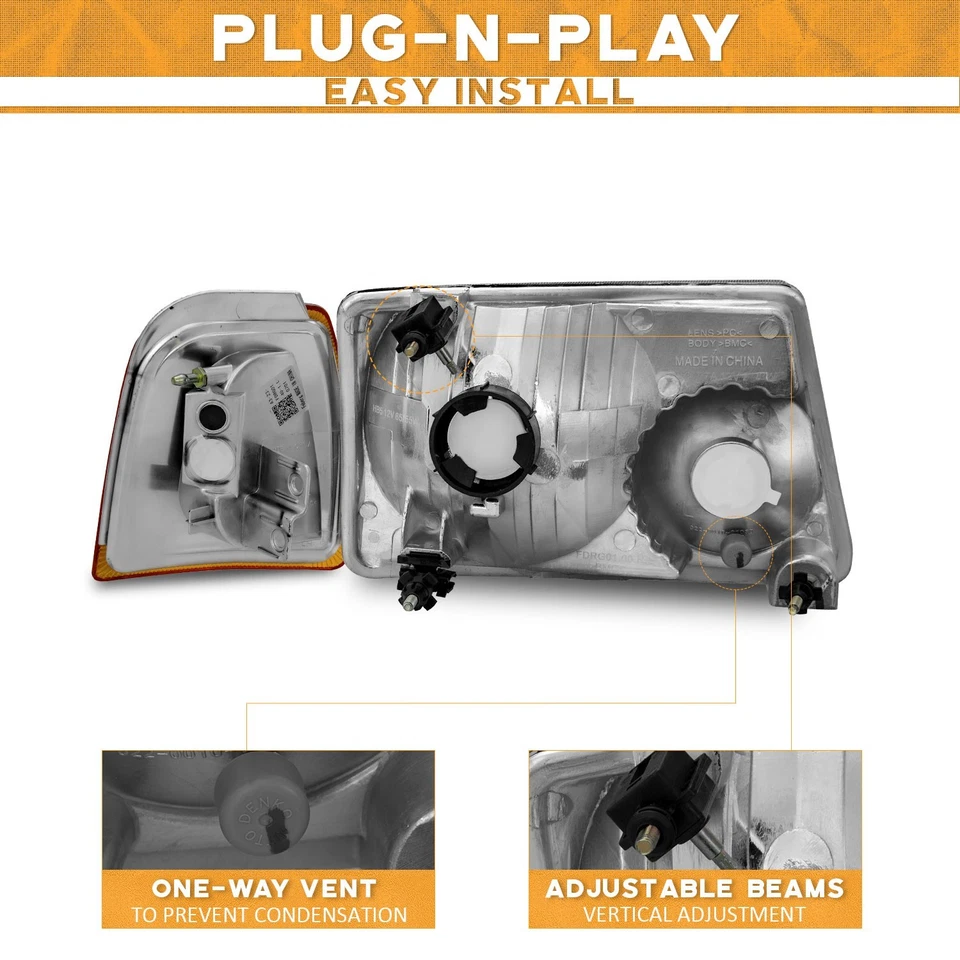 Pair Headlights Assembly For 2001-2011 Ford Ranger Chrome Lamps Amber Corner Foto 3 de 4