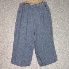 Eileen Fisher Size Medium Blue Organic Linen Wide Leg Cropped Pants Pockets