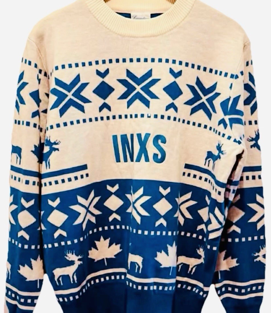 Canadian Club Ugly Christmas Jumper Mens Medium Blue White Promo INXS RARE