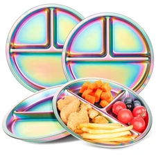 Stainless Steel Kids Plates, 4 Pack Stainless Steel Toddler Plate for Kids, R...