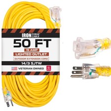 50 Ft Lighted Outdoor Extension Cord- 14/3 SJTW Heavy Duty Yellow- 3 Prong Plug