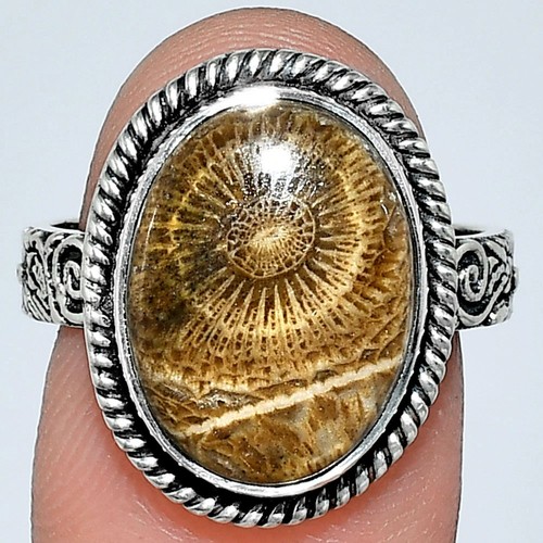 Premium Quality Flower Fossil Coral 925 Sterling Silver Ring s.8 Jewelry R-1067