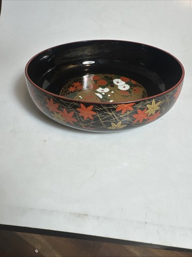 Japanese Round Black Lacquer Serving Bowl Dish Plate 9” - Picture 9 of 12
