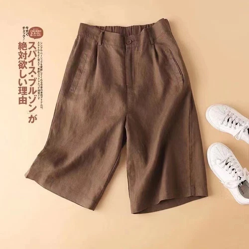 Pantaloncini donna lunghi larghi cotone lino lunghezza ginocchio con tasche leggeri - Foto 7 di 19