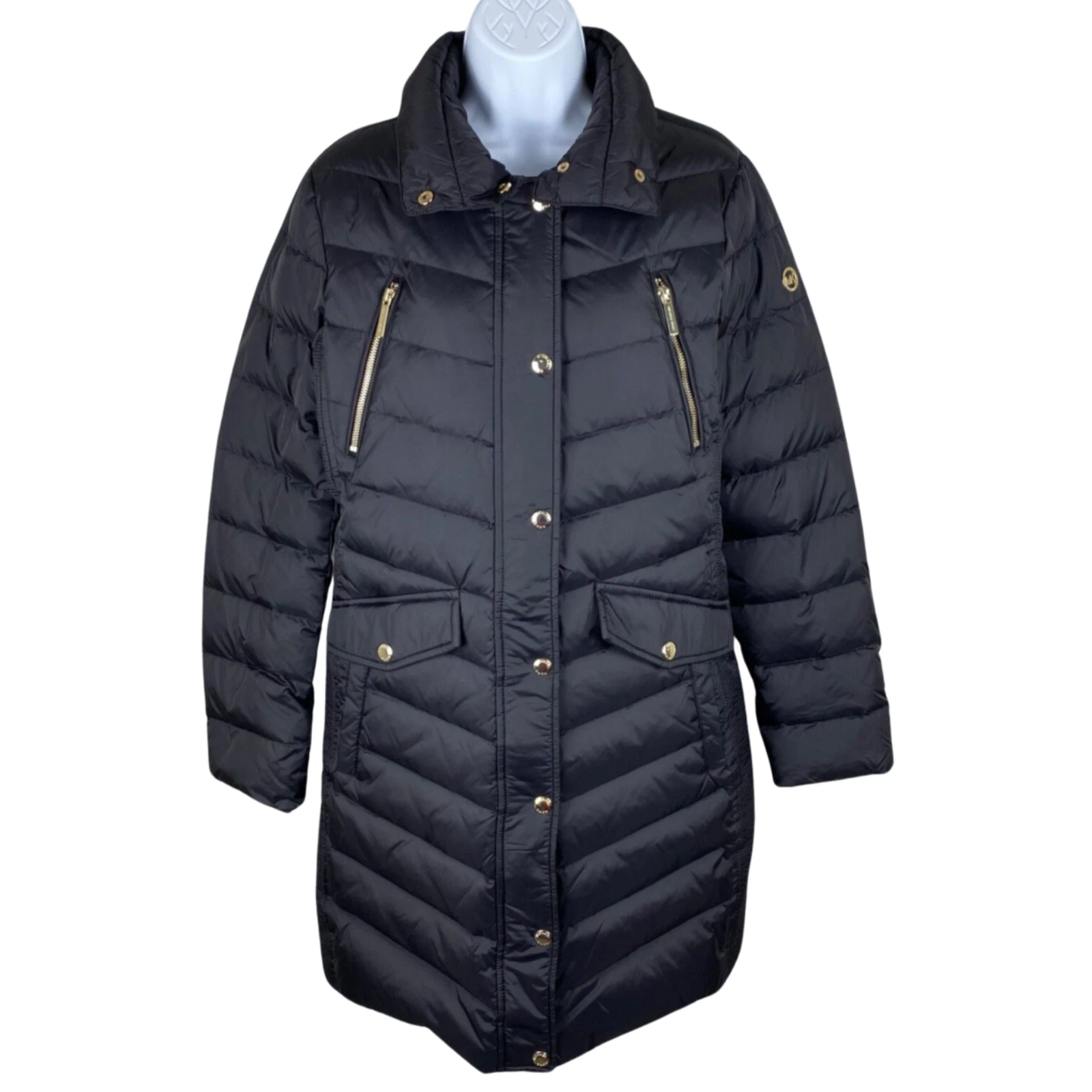 Giacca con cappuccio Michael Kors lunga puffer pelliccia sintetica orlo con tasche taglia S preppy
