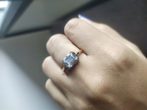 Anello di Fidanzamento East West Taglio Smeraldo Moissanite Nero Rodio Lunetta Set Semplice - Foto 4 di 14