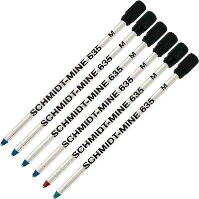 Schmidt 635 D1 Mine Ballpoint Refill- Blue, Red, Green Ink- Tip 0.7mm- Pack of 6