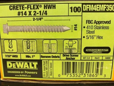 Vis TAPCON Inox #14 X 2-3/4 – DEWALT – Tête Plate Phillips – Boîte De 100 – Pour Béton