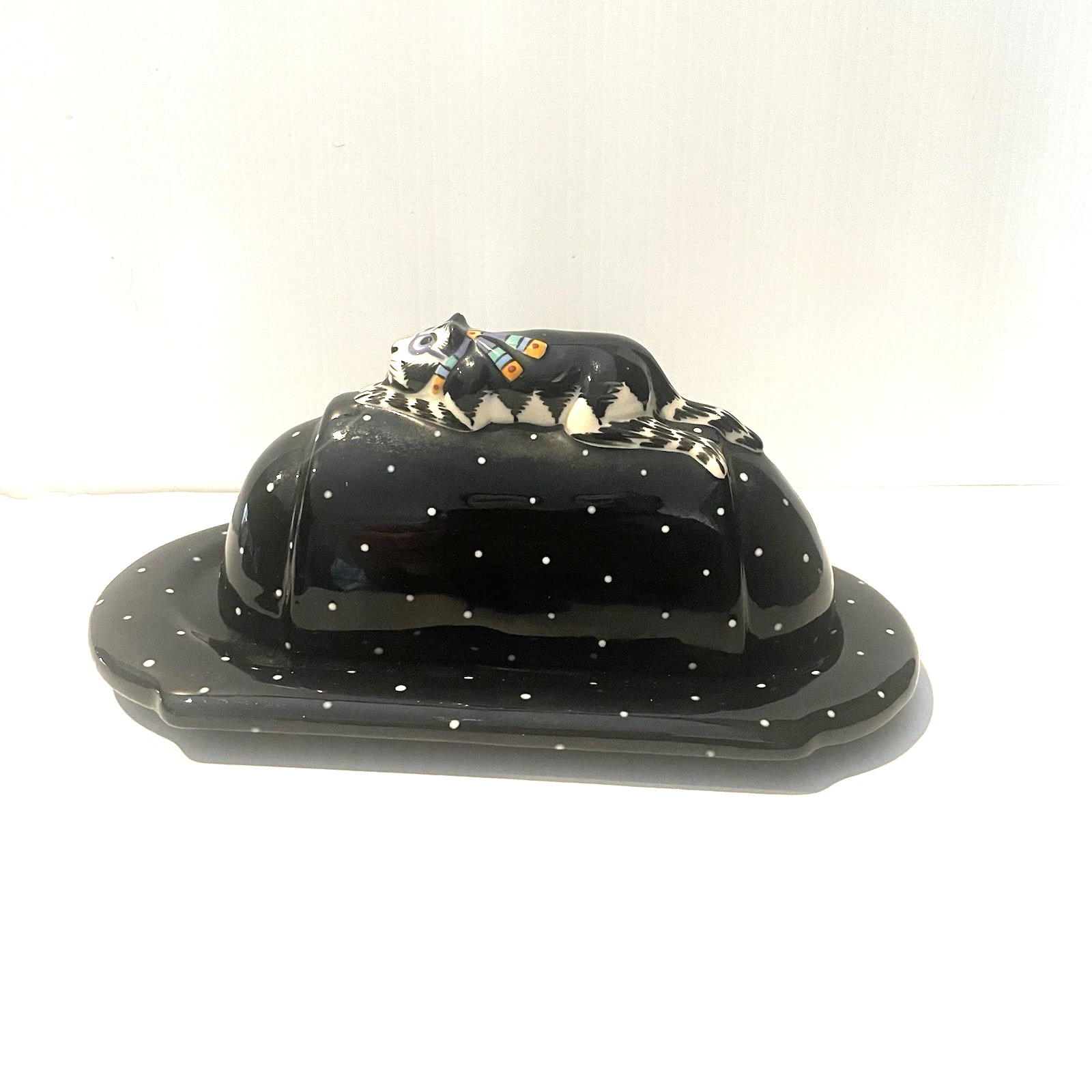 Tom Hatton Signed Cat Butter Dish Folk Art Porcelain Black