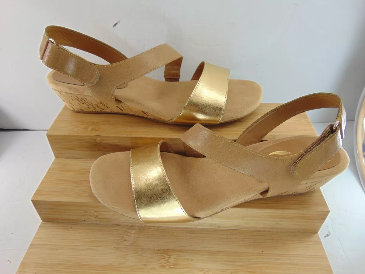 Aerosoles GOLD METALLIC &amp; TAN LEATHER LOW WEDGE Flat Sandal 8 1/2 M | eBay