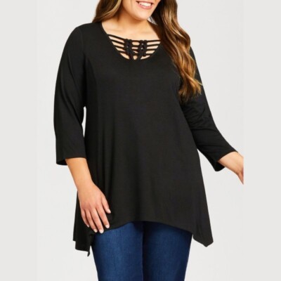 NWT Avenue Womens Caged 3/4 Sleeve Sharkbite Hem Tunic Black 30/32 PLUS SIZE