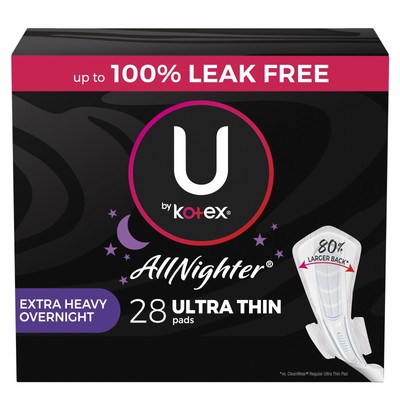 U by Kotex AllNighter Extra Heavy Overnight Pads with Wings, Ultra Thin, 28 Ct