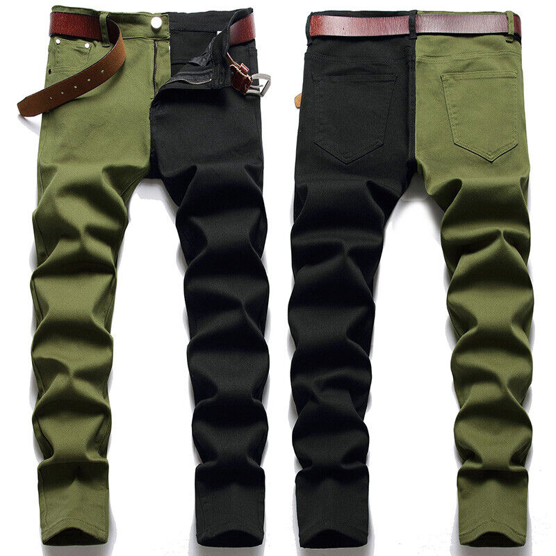 Mens Two Tone Splice Denim Pants Multi Colors Jeans Trousers Straight Leg