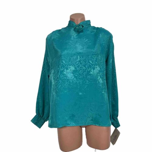 Lady Manhattan 12 Vintage Button Down Blouse Teal Floral Satin Long Sleeve NWT!!