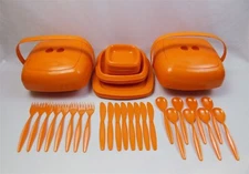 Vintage Retro Pic-Nic-Pac Plastic Picnic Set 40 Piece Stacking Orange LOT