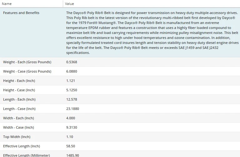 Cinturón Dayco Poly Rib Serpentine para BLANCO/GMC WCS 1988-1991 L6-10,0 L Foto 4 de 4