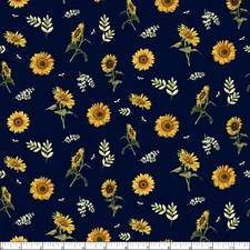 Fat Quarter Riley Blake "Honey Bees And Flowers Please" Sunflowers Navy Cotton