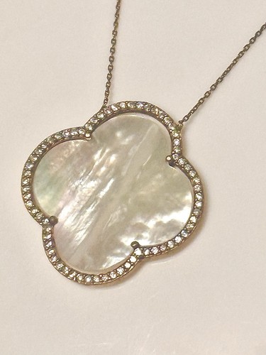 925 SS/GOLD VERMEIL~FAUX MOTHER OF PEARL~CZ CLOVERLEAF NECKLACE 16”+2” - Picture 5 of 11