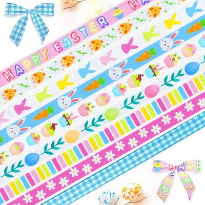 9 Rolls 3/8 Inch 27 Yards White Bunny Egg Flower Grosgrain Easter Craft Ribbon