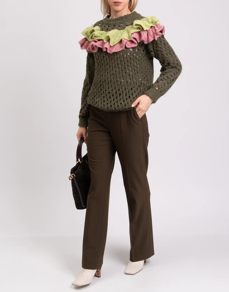 RRP €368 BOUTIQUE MOSCHINO Open Knit Jumper IT38 US4 UK6 XS Green Ruffle Trim - Image 2 of 4