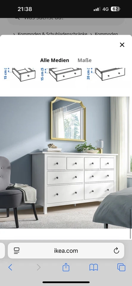 IKEA Hemnes Kommode, weiß – 8 Schubladen und Glasplatte 