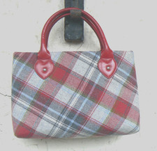 Ness Tartan Grab Bag, Red/Grey/Blue 2 Handles,70% Wool Red White PolkaDot Lining