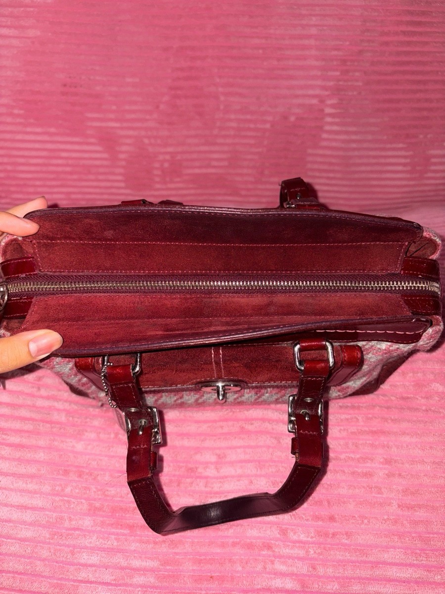 Coach Vintage Houndstooth Tweed Pink Bordeaux Wool Leather Satchel