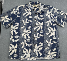 Men's Hawaiian Shirt Palm Leaf Print Blue White Cotton Short Sleeve XL Flawed