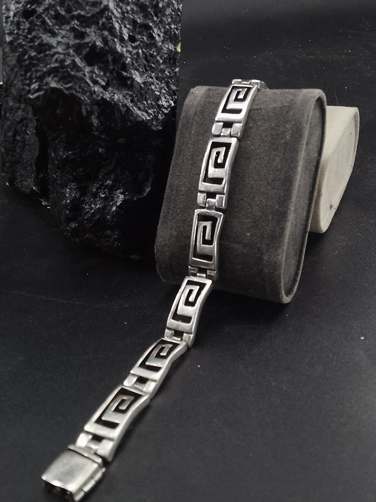 Mens Heavy Sterling Silver Greek Key Bracelet Snap Clasp 9", 45g. Taxco Vintage image 2