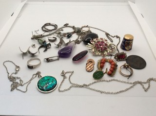 Junk Drawer Job Lot Jewellery Coin Badges Thimble 2 Silver Items etc
