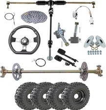 29" Go Kart ATV Rear Live Axle Kit, Front Steering Rack Pinion Hubs, 6" Wheels