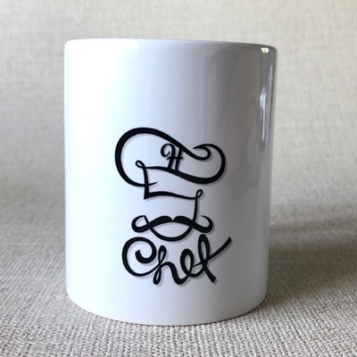Weißer, Keramik BECHER (300ml) mit Koch / Koch / BBQ Design in schwarz, NEU