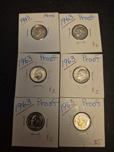 Lot Of 6 90% Silver PROOF 1963 ROOSEVELT DIMES. Mint!