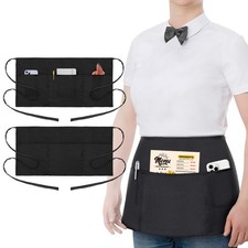 2-Pack Server Apron - Waist Half Aprons for Waitress with 3 Pockets, Black Short