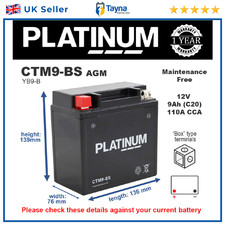 CTM9-BS PLATINUM AGM Motorcycle Battery Replaces YB9-B