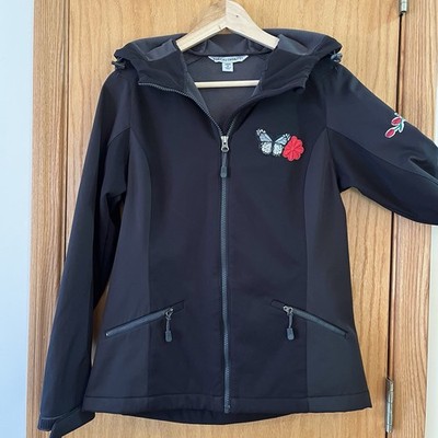 Port Authority Hooded Jacket Women M Black Full Zip Pockets Butterfly Flowers